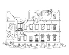 The Outline Of The Destroyed Building From Black Lines Isolated On A White Background. Front View. 3D. Vector Illustration.