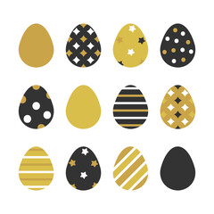 Wall Mural - Set, collection of black and gold decorated easter eggs with dots, stripe ornaments.