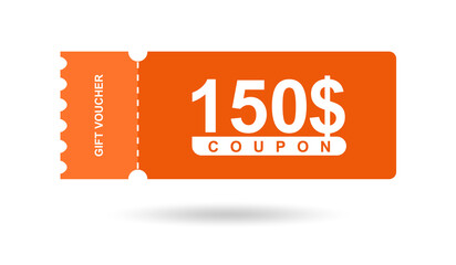 Gift voucher 150$. Coupon 150$ sale for website, internet ads, social media. Discount gift voucher, beautiful design. Big sale and super sale vector illustration