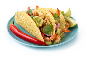 Wall Mural - Mexican tacos wih shrimp,guacamole and vegetables isolated on white background Mexican tacos wih shrimp,guacamole and vegetables isolated on white background	