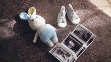 Ultrasound Scan Baby Pictures, Knitted Bunny Toy And Baby Shoes On The Floor In Sunlight, Parents Preparing For Childbirth At Home, Enjoying Period For Pregnant Woman. Maternity And Pregnancy Concept