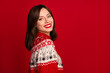 Photo of good mood gorgeous optimistic girl with straight hairstyle wear red sweater toothy smiling isolated on red color background