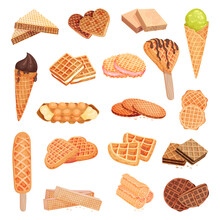 Various Sweet Waffles And Wafer As Dessert And Confectionery Big Vector Set