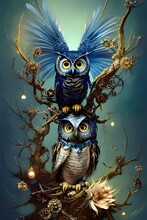 Whimsical Fantasy Owl With Blue Glitter Gold And Glamour Sitting On Thorns.