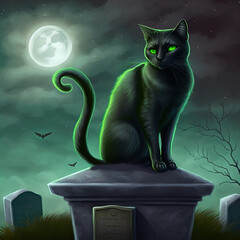 A spooky black cat with bright green eyes. Graveyard. Haunted. Witchcraft