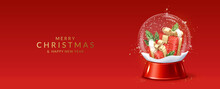 Christmas And New Year Greeting Card With Transparent Snow Globe With Gifts.