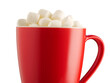 Red cup of cocoa with marshmallow, isolated on white. Xmas or traditional christmas concept, PNG