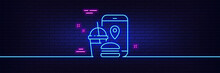 Neon Light Glow Effect. Food Delivery App Line Icon. Contactless Meal Order Sign. Grocery Phone Application Symbol. 3d Line Neon Glow Icon. Brick Wall Banner. Food App Outline. Vector