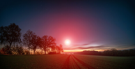 Poster - fantastic night landscape with a starry blue sky and red moonlight over a country road