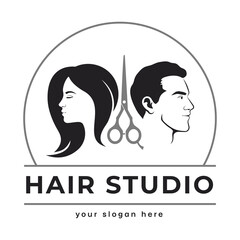 Wall Mural - Hair studio logo. Silhouette of the profile of the head of a man and a woman with scissors