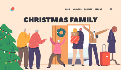 Wall Mural - Family Christmas Landing Page Template. Happy Grandchildren Visiting Grandparents Concept. Father, Mother and Kids