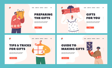 Poster - Happy People with Gifts Landing Page Template Set Male and Female Characters Prepare Winter for Holidays Celebration