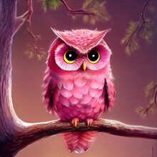 Beautiful Cute Owl In Fairy Forest Sitting On A Branch