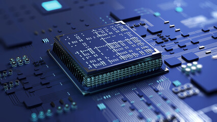 Fototapete - High Technology CPU on a Complex Circuit Microchip Board Surface. Digital close-up of a high-tech microchip and electronic circuits, symbolizing innovation and modern technology. 3d rendering