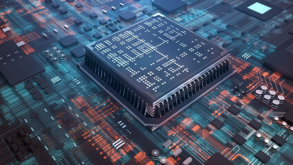 Fototapete - High Technology CPU on a Complex Circuit Microchip Board Surface. Digital close-up of a high-tech microchip and electronic circuits, symbolizing innovation and modern technology. 3d rendering