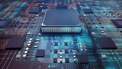 Leinwandbilder - High Technology CPU on a Complex Circuit Microchip Board Surface. Digital close-up of a high-tech microchip and electronic circuits, symbolizing innovation and modern technology. 3d rendering