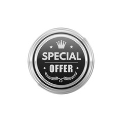 Wall Mural - Price special offer silver badge or round label. Store best price symbol or glossy metal label, shop special offer vector stamp or sign. Shop sale promotion premium glossy metal tag with crown