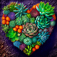 Colorful Succulent Heart Shape, Cactus Heart, Valentine's Day Illustration, Beautiful Plants Heart Shape, Love Gift