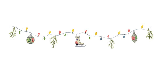 Wall Mural - Watercolor vector garland with vintage toys, light bulbs and fir branches.
