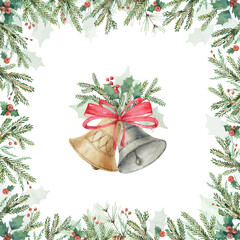 Wall Mural - watercolor vector card with christmas bells and ornate frames.