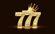 Three golden glittering sevens on black background. Luxury casino banner Big win slots 777 . Vector illustration