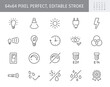 Lamp properties line icons. Vector illustration include icon - brightness, beam angle, electric plug, lumen, flashlight, dimmer outline pictogram for light bulb. 64x64 Pixel Perfect, Editable Stroke