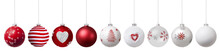 Merry Christmas Set Red Hanging Balls Decorated With Heart, Tree, Snowflake And Glitter Pearls Pattern, Isolated On White Background, Objects Template, Greeting Gift Card Or Promo Advertising Banner