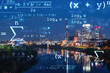 Panoramic view of Broadway district of Nashville over Cumberland River at illuminated night skyline, Tennessee, USA. Education concept. Academic research, top ranking universities, hologram