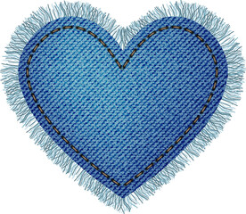 blue denim patch with stitch and fringe. light blue denim. heart patch