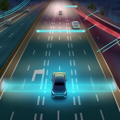 Poster - Car interface in HUD, GUI, UI style. Automotive sensing system concept. Following Aerial Drone View: Autonomous Self Driving Car Moving Through City Highway top view. 3d illustration
