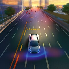Poster - Car interface in HUD, GUI, UI style. Automotive sensing system concept. Following Aerial Drone View: Autonomous Self Driving Car Moving Through City Highway top view., AI