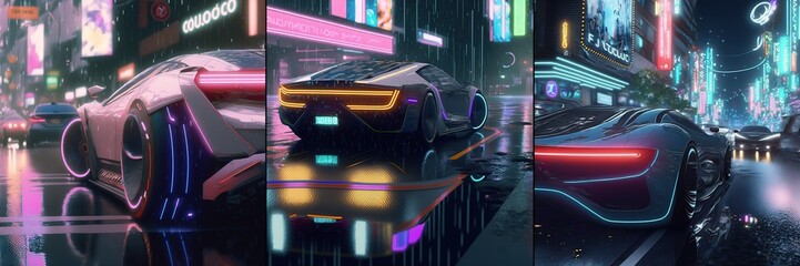 Poster - High speed, sports car racing. Sports cyberpunk futuristic car on a neon cyberpunk  80s retro background 3D illustration