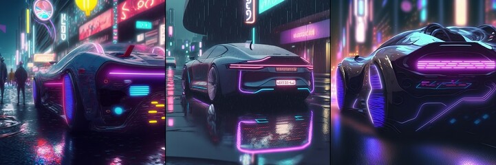 Poster - High speed, sports car racing. Sports cyberpunk futuristic car on a neon cyberpunk  80s retro background 3D illustration