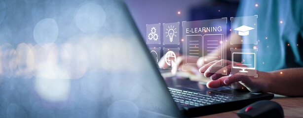 Fototapete - Concept of Online education. man use Online education training and e-learning webinar on internet for personal development and professional qualifications. Digital courses to develop new skills.