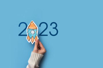 An unusual inscription 2023 with a rocket. Symbol of the coming new year