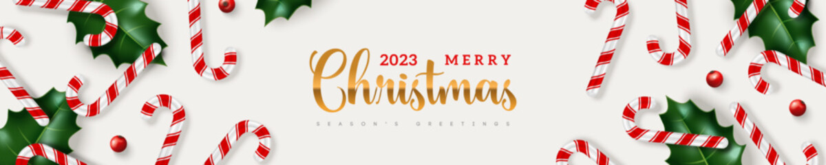 Wall Mural - Merry Christmas Happy New Year poster banner with candy cane and holly leaves, red berries on white background. Vector illustration. Border header for Xmas sale, 2023 gift card concept template