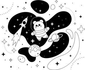 Wall Mural - Vector abstract black and white kid space illustration with astronaut bear, spaceship, star and planet on white background. Flat line art style space design with animal astronaut bear