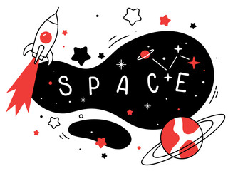 Wall Mural - Vector abstract kid space illustration with spaceship, star and planet on white background. Flat line art style space design with word space