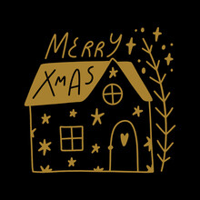 Cute Little Christmas Doodle Cartoon House Building Flat Vector Clipart Hand Drawn Gold Illustration Isolated On Black Background. Scandinavian Noel Xmas Minimalist Art.