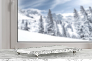 Wall Mural - Desk of free space and winter window background. 