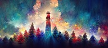 Christmas Trees And Lighthouse, Winter Landscape, Abstract Colorful Illustration, Greeting Card Design