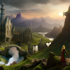 Canvas Print - Fantasy city scene detailed 3d render illustration