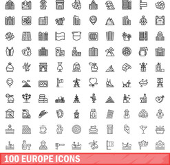 Canvas Print - 100 europe icons set. Outline illustration of 100 europe icons vector set isolated on white background