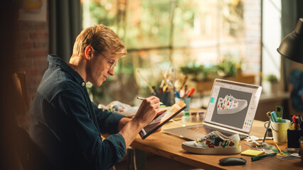 Poster - Experienced Male Teen Designer Works With Digital Graphics Tablet Touchscreen, Drawing Sketch of a New Unique Shoes Design. 3D Prototype of his Product in Editing Software on Laptop Display.