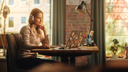 Poster - Young Beautiful Woman with Blond Hair Wearing Headphones and Working from Home on Laptop Computer in Stylish Loft Apartment. Creative Female Smiling, Checking Social Media, Browsing Internet.