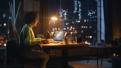 Poster - Hispanic Female Designer Changes Colour of 3d Model of the Shoe, Creating Footwear Design on her Laptop Computer During the Evening. Girl Working Remotely. Graphic Designer Concept.