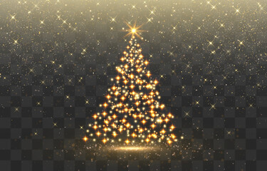 Shiny Christmas tree. Glitter gold particles shine effect on png background. Magical light dust, dusty shine. Vector glittering lights in the form of a Christmas tree with bright glowing particles.