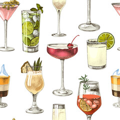 Seamless pattern with alcohol cocktails.