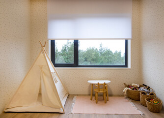 Leinwandbilder - Roller blinds in the children's room. Automatic roller shades on the window in the interior of child's room. Trees outside. Electric sunscreen curtains for home. Playhouse and toys are there.