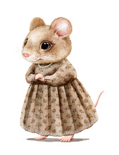 Watercolor Christmas Vintage Girl Mouse In Brown Dress Clothes Isolated On White Background. Hand Drawn Illustration Sketch